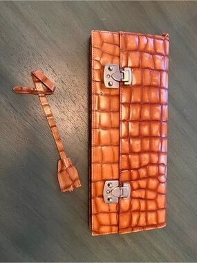 BCBG Croc-Embossed Orange Leather Wristlet Clutch